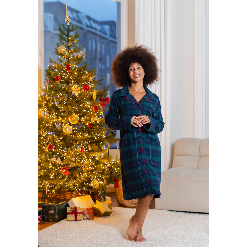 Happy Shorts Happy Shorts Dames Nachthemd Lange Mouw Flanel Donkerblauw/Groen Geruit