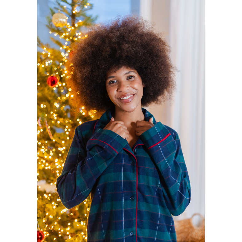 Happy Shorts Happy Shorts Dames Nachthemd Lange Mouw Flanel Donkerblauw/Groen Geruit