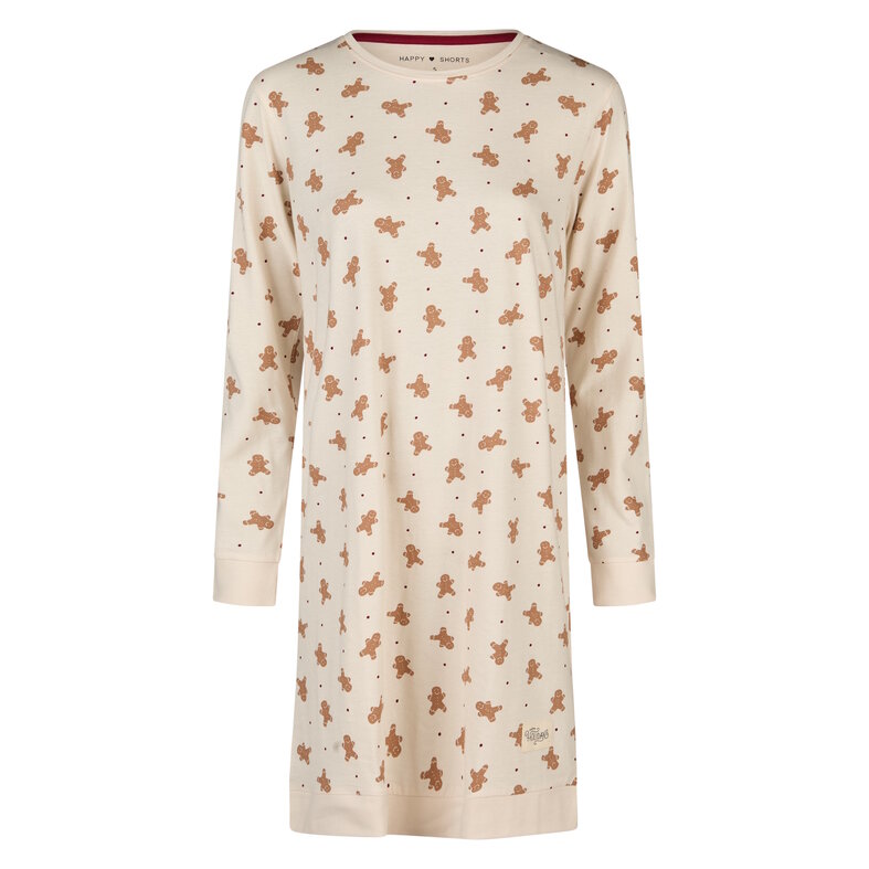 Happy Shorts Happy Shorts Dames Kerst Nachthemd Lange Mouw Wit Gingerbread