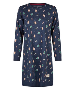Happy Shorts Ladies Christmas Nightshirt Long Sleeve Dark Blue Gingerbread