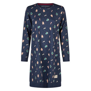 Happy Shorts Ladies Christmas Nightshirt Long Sleeve Dark Blue Gingerbread