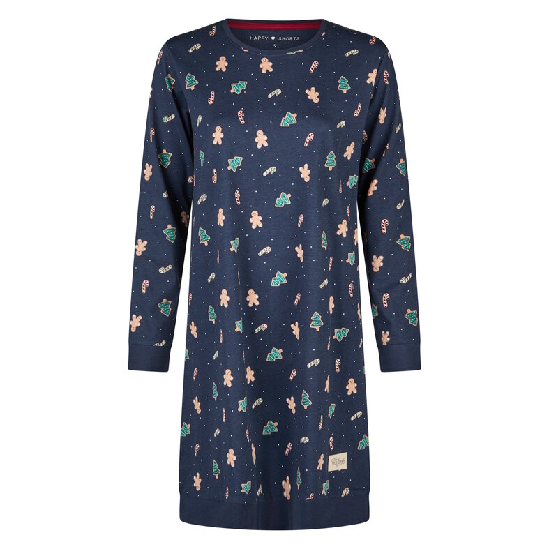 Happy Shorts Happy Shorts Dames Kerst Nachthemd Lange Mouw Donkerblauw Gingerbread