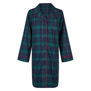 Happy Shorts Ladies Nightshirt Long Sleeve Flannel Dark Blue/Green Checkered