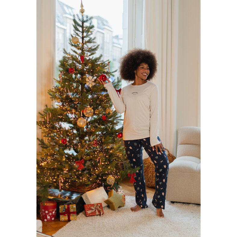 Happy Shorts Happy Shorts Dames Kerst Pyjama Set Shirt + Broek Wit/Donkerblauw Gingerbread