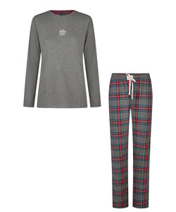 Happy Shorts Ladies Christmas Pajama Set Shirt + Pants Gray/Red Checkered Flannel