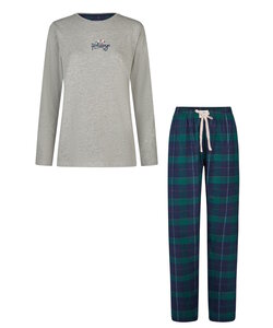 Happy Shorts Ladies Christmas Pajama Set Shirt + Pants Gray/Green Checkered