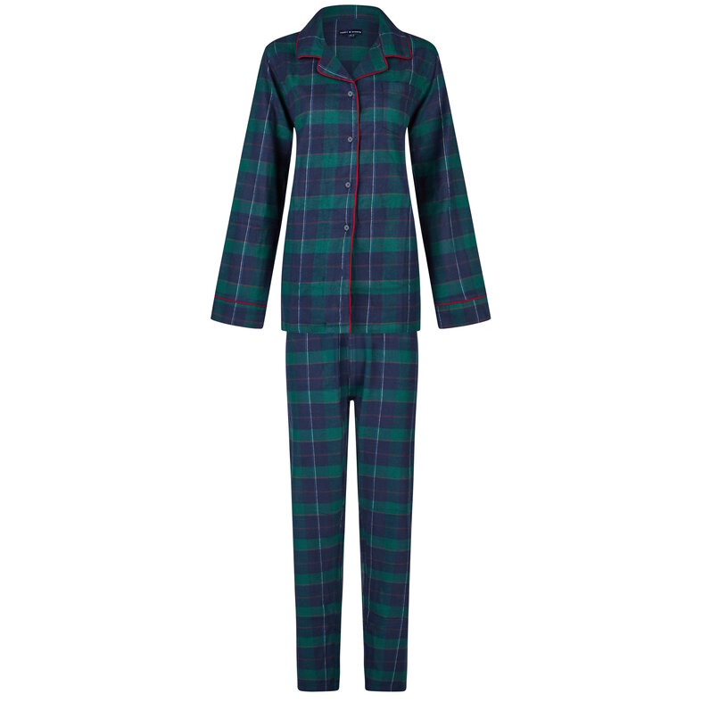 Happy Shorts Happy Shorts Dames Kerst Pyjama Set Shirt + Broek Blauw/Groen Geruit Flanel