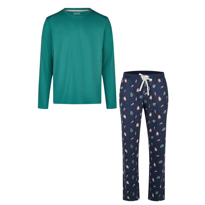 Happy Shorts Happy Shorts Heren Kerst Pyjama Set Shirt + Broek Groen/Donkerblauw Gingerbread Print