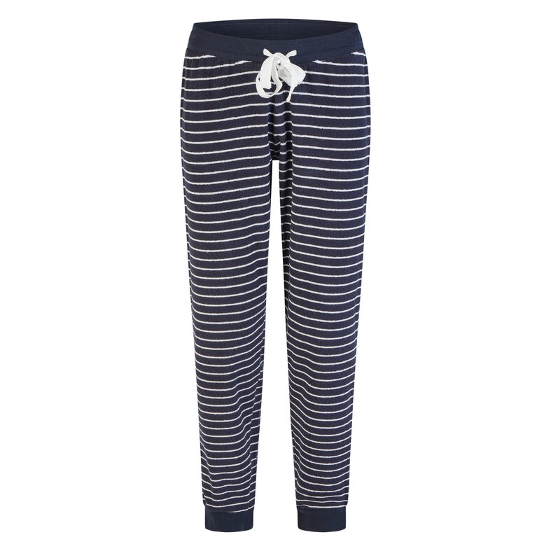 By Louise By Louise Dames Winter Pyjama Set Lang Badstof Wit/Donkerblauw Gestreept