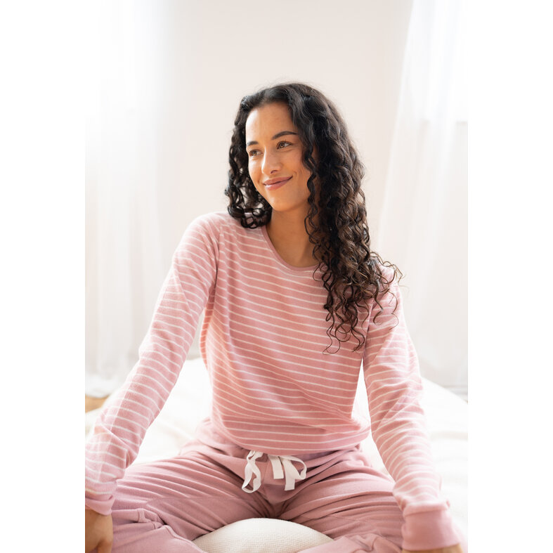 By Louise By Louise Dames Winter Pyjama Set Lang Badstof Roze Gestreept