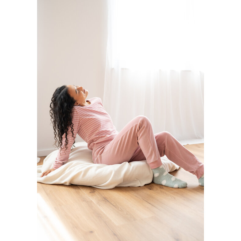By Louise By Louise Dames Winter Pyjama Set Lang Badstof Roze Gestreept