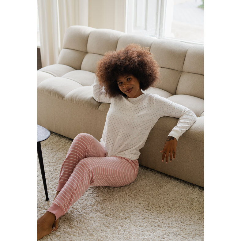 By Louise By Louise Dames Winter Pyjama Set Lang Badstof Wit/Roze Gestreept