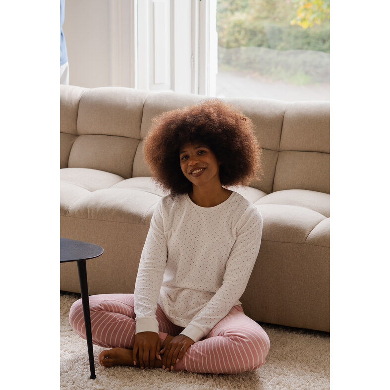 By Louise By Louise Dames Winter Pyjama Set Lang Badstof Wit/Roze Gestreept