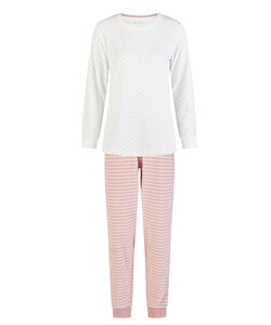 By Louise Dames Winter Pyjama Set Lang Badstof Wit/Roze Gestreept