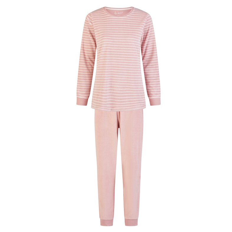 By Louise By Louise Dames Winter Pyjama Set Lang Badstof Roze Gestreept