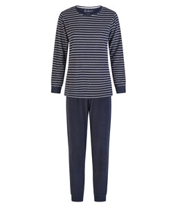 By Louise Dames Winter Pyjama Set Lang Badstof Donkerblauw Gestreept