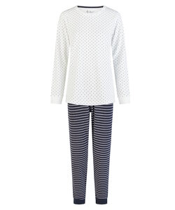 By Louise Dames Winter Pyjama Set Lang Badstof Wit/Donkerblauw Gestreept