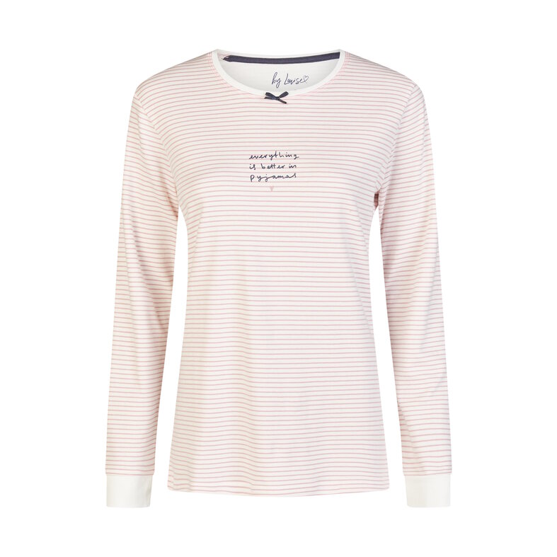 By Louise By Louise Dames Winter Pyjama Set Lang Interlock Wit/Blauw Gestreept/Gestipt