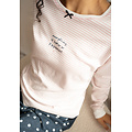 By Louise By Louise Dames Winter Pyjama Set Lang Interlock Wit/Blauw Gestreept/Gestipt
