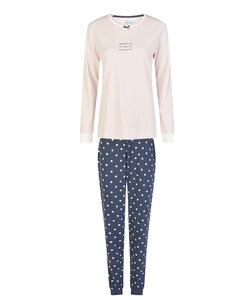 By Louise Dames Winter Pyjama Set Lang Interlock Wit/Blauw Gestreept/Gestipt