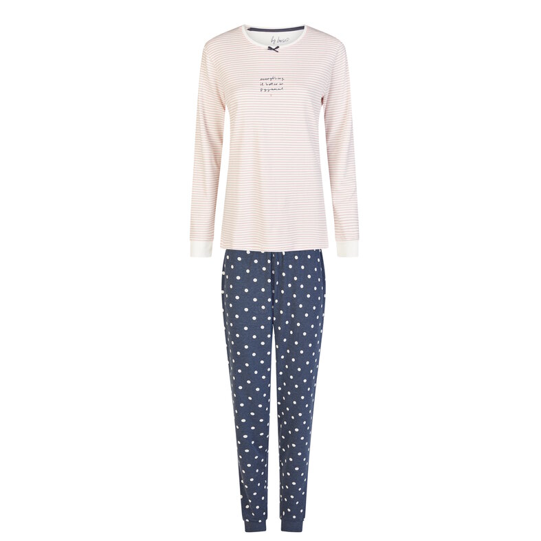 By Louise By Louise Dames Winter Pyjama Set Lang Interlock Wit/Blauw Gestreept/Gestipt