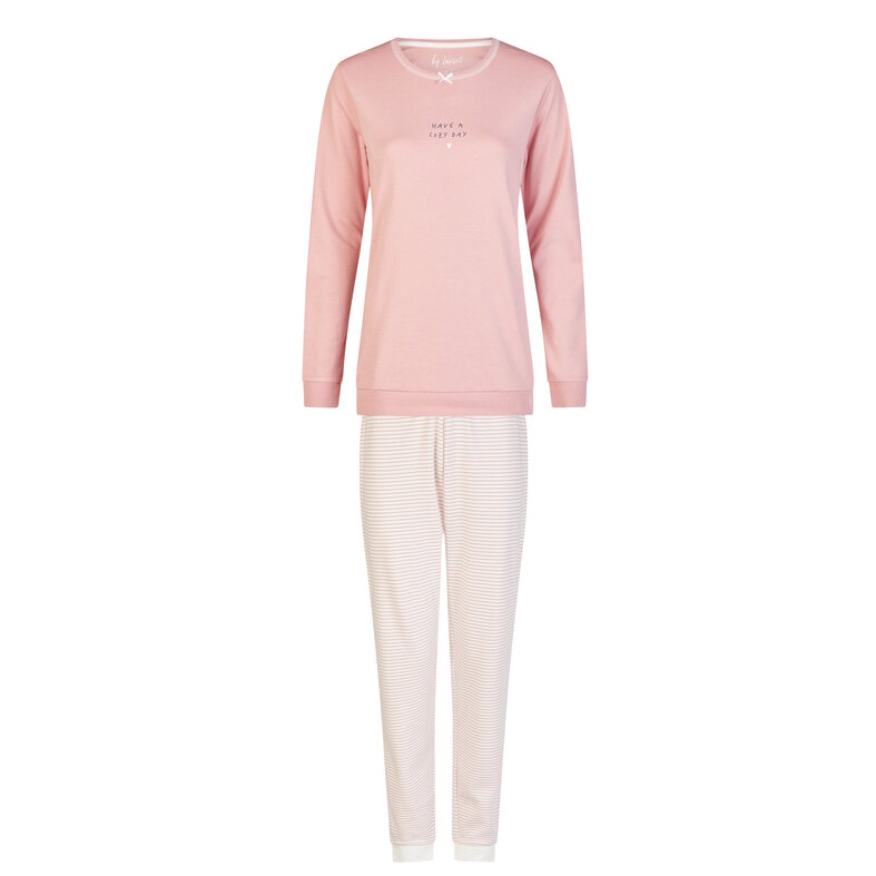 By Louise By Louise Dames Winter Pyjama Set Lang Interlock Roze/Wit Gestreept