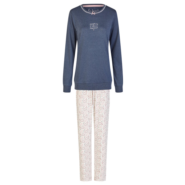 By Louise By Louise Dames Winter Pyjama Set Lang Interlock Blauw/Wit Print