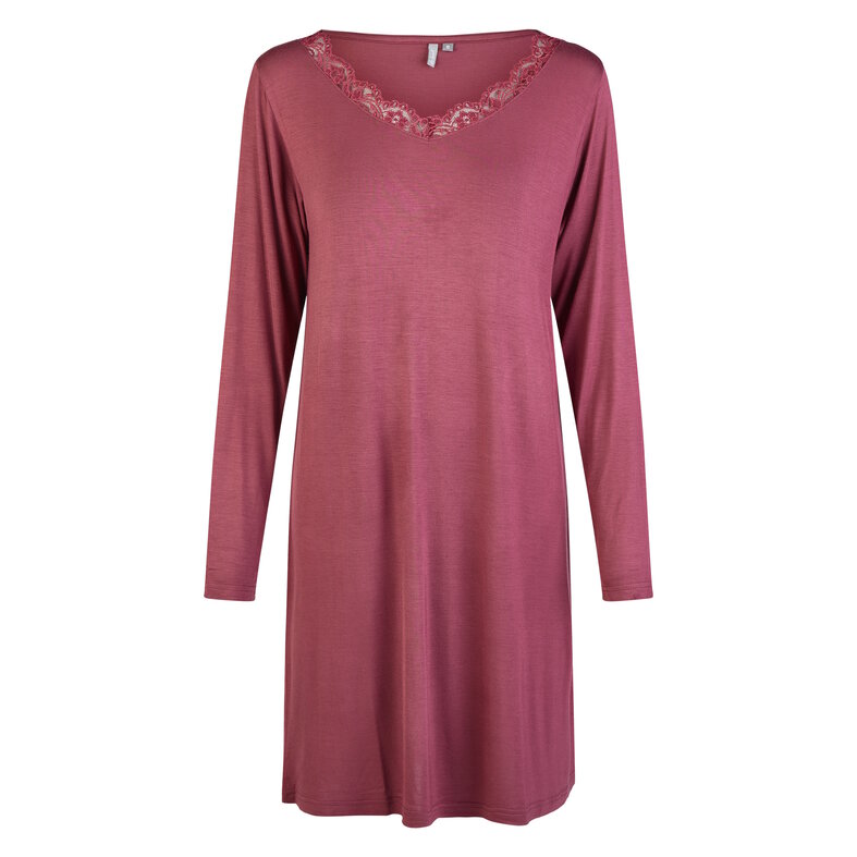 By Louise By Louise Dames Nachthemd V-Hals Met Kant Lange Mouw Bamboe Viscose Effen Bordeaux Rood