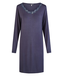 By Louise Dames Nachthemd V-Hals Met Kant Lange Mouw Bamboe Viscose Effen Donkerblauw