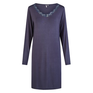 By Louise Dames Nachthemd V-Hals Met Kant Lange Mouw Bamboe Viscose Effen Donkerblauw