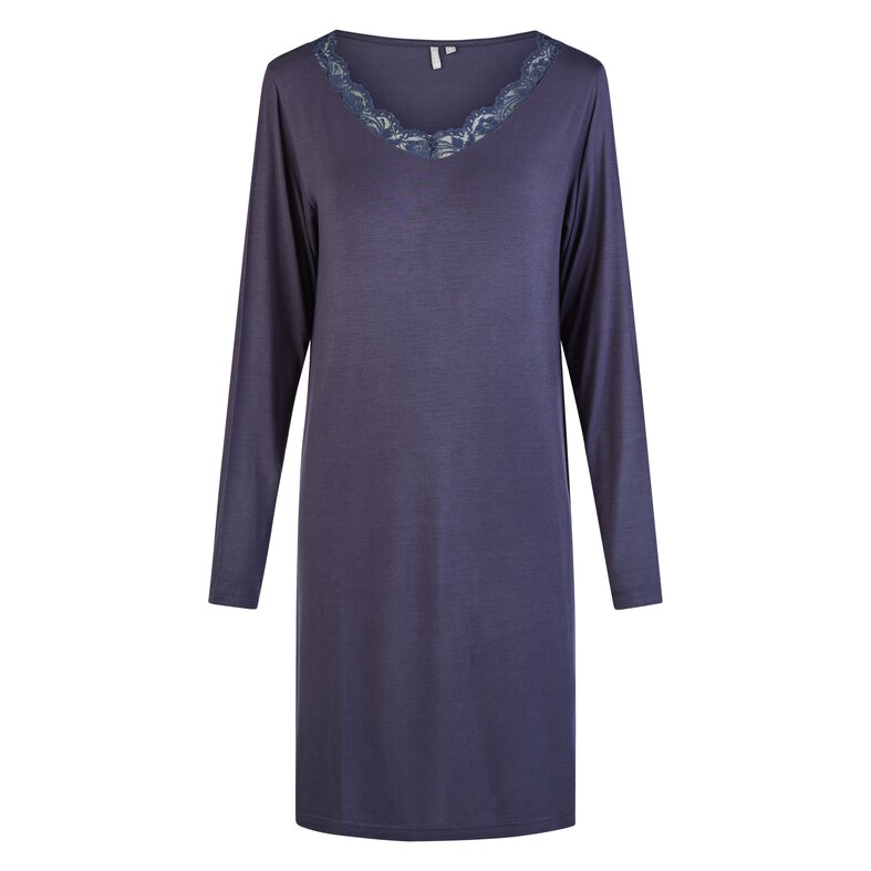 By Louise By Louise Dames Nachthemd V-Hals Met Kant Lange Mouw Bamboe Viscose Effen Donkerblauw