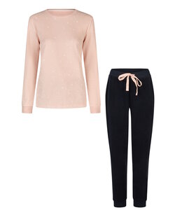 By Louise Ladies Winter Pajama Set Long Terry Pink/Dark Blue Dotted