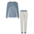 By Louise By Louise Dames Winter Pyjama Set Lang Badstof Blauw/Wit Gestreept