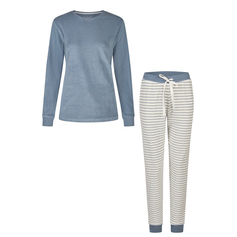 By Louise By Louise Dames Winter Pyjama Set Lang Badstof Blauw/Wit Gestreept