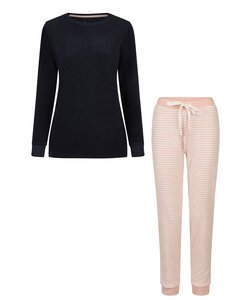 By Louise Ladies Winter Pajama Set Long Terry Dark Blue/Pink Striped