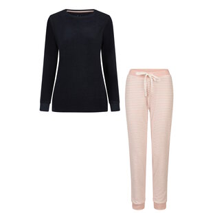 By Louise Dames Winter Pyjama Set Lang Badstof Donkerblauw/Roze Gestreept