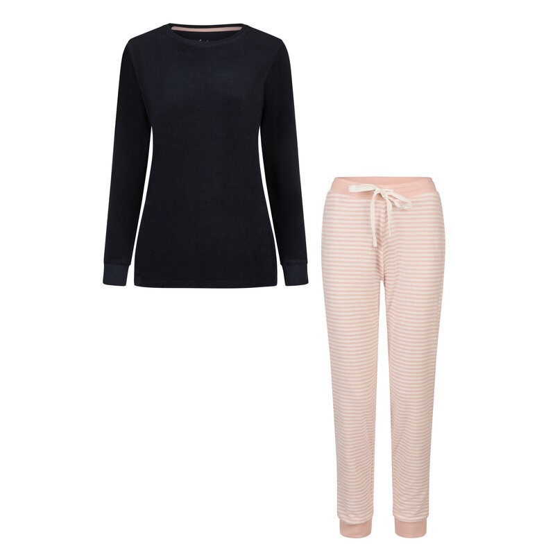 By Louise By Louise Women's Winter Pyjama Set Long Terry Dark Blue/Pink Striped