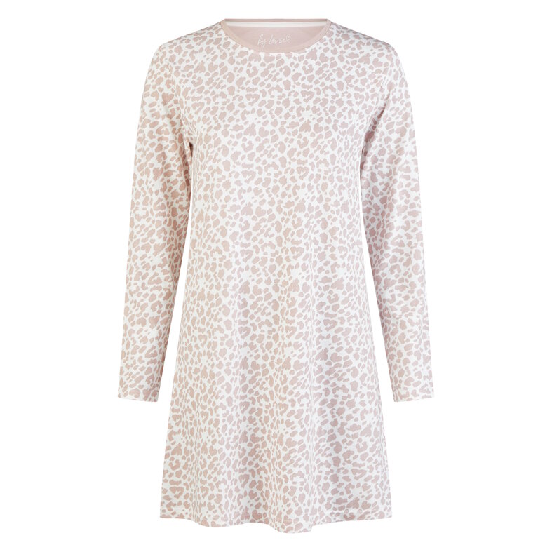 By Louise By Louise Dames Nachthemd Lange Mouw Katoen Wit/Roze Dierenprint
