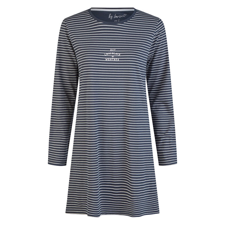 By Louise By Louise Dames Nachthemd Lange Mouw Katoen Donkerblauw/Wit Gestreept