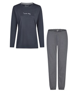 By Louise Ladies Pyjama Set Long Cotton Dark Blue/White Striped