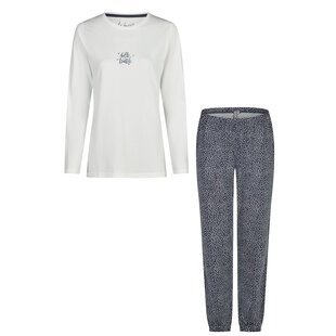By Louise Dames Pyjama Set Lang Katoen Donkerblauw/Wit Gestipt