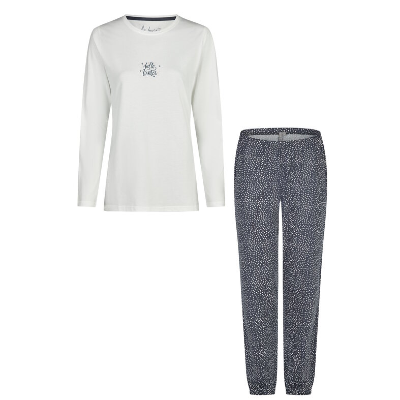 By Louise By Louise Dames Pyjama Set Lang Katoen Donkerblauw/Wit Gestipt
