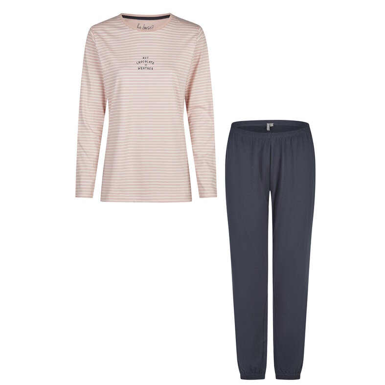 By Louise By Louise Dames Pyjama Set Lang Katoen Roze/Donkerblauw Gestreept
