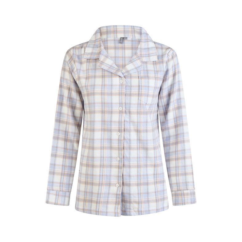 By Louise By Louise Dames Pyjama Set Flanel Lang Met Knoopsluiting Blauw/Wit Geruit