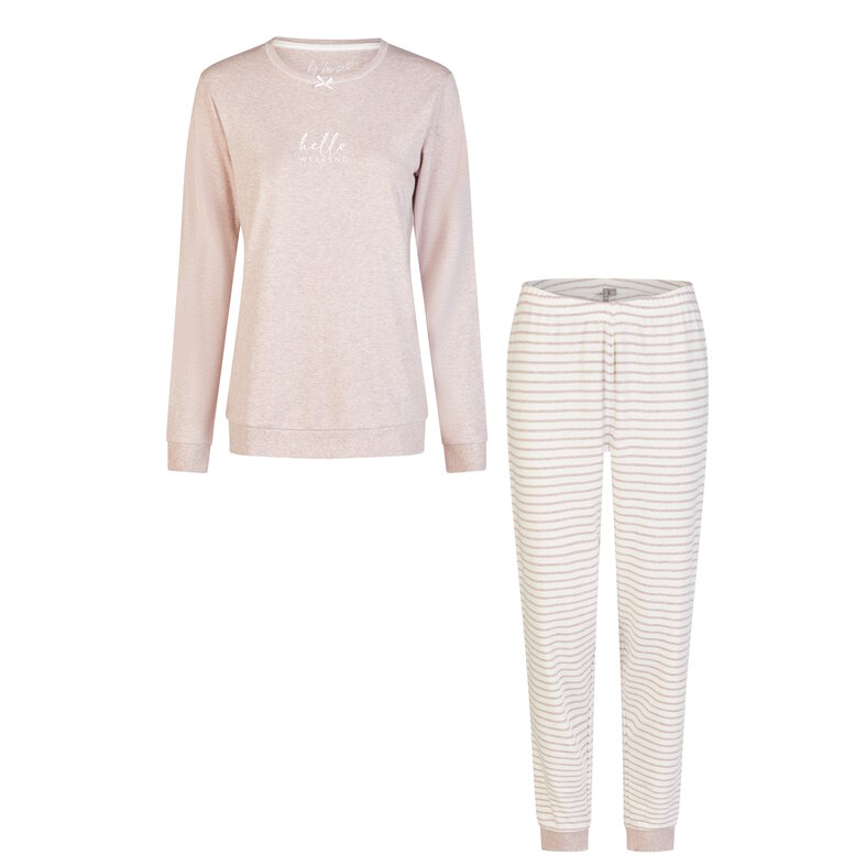 By Louise By Louise Dames Pyjama Set Lang Interlock Roze/Wit Gestreept