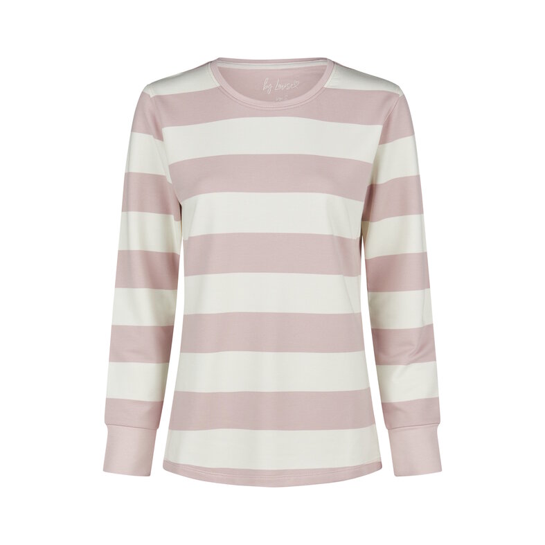By Louise By Louise Dames Lounge Pyjama Set Lang Sweatstof Roze/Wit Gestreept