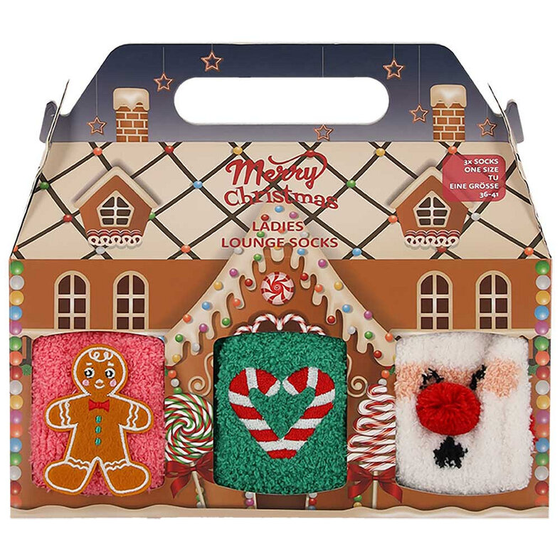 Apollo Apollo Ladies Socks Christmas Print Chenille Bedsocks Giftbox 3-Pack Christmas Print