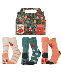 Apollo Ladies Socks Christmas Print Chenille Bedsocks Giftbox 3-Pack Christmas Print