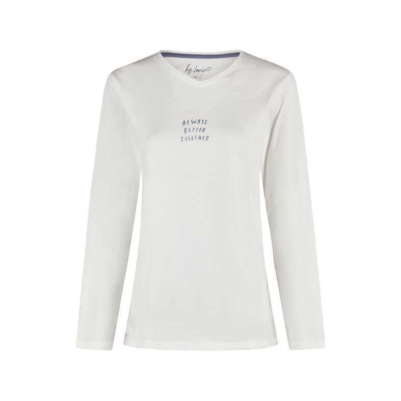 By Louise By Louise Dames Pyjama Set Lang V-Hals Off-White/Donkerblauw Gebloemd