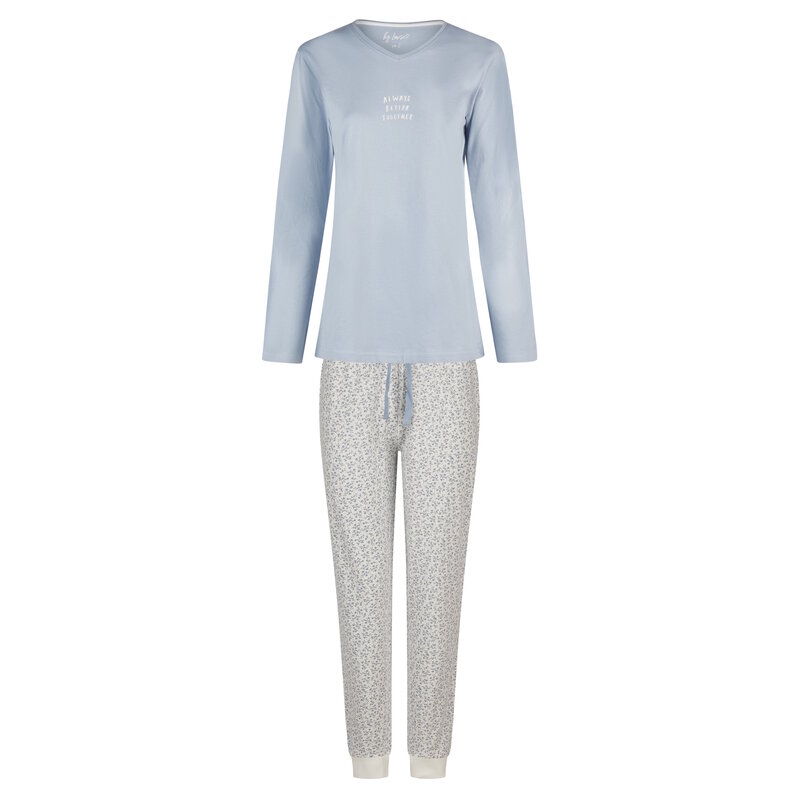 By Louise By Louise Dames Pyjama Set Lang V-Hals Blauw Gebloemd